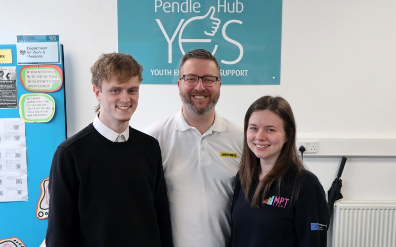 From left, Brandon and Paul from Wavecrest standing with Marta (Pendle YES Hub)